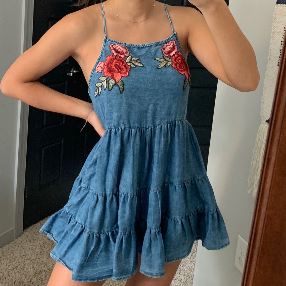 Forever 21 Baby Doll Denim Dress with Rose Patches